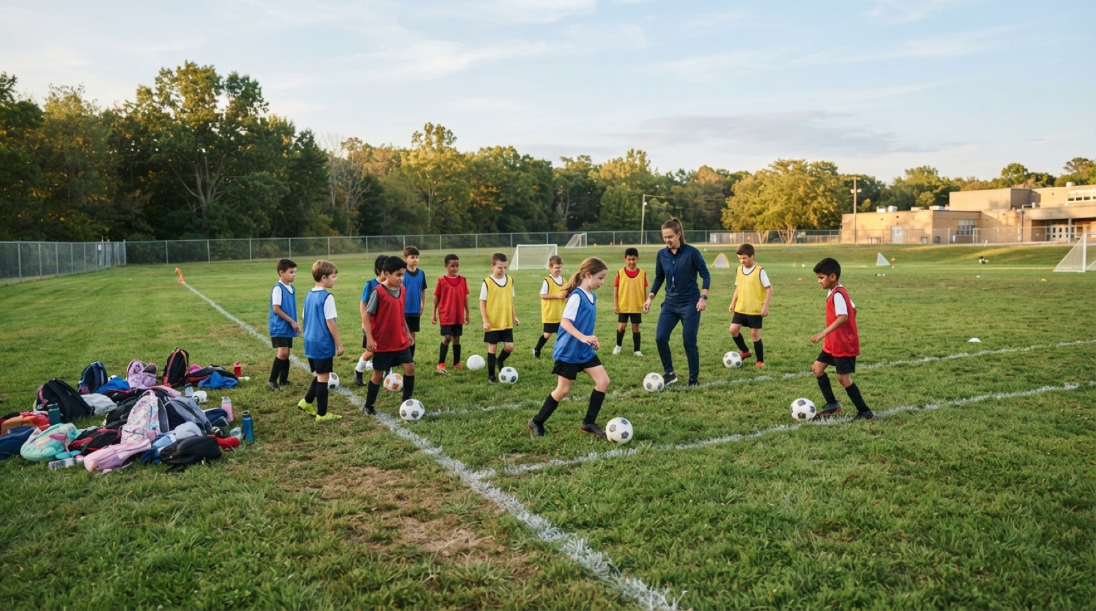Elementary-age children playing soccer during an after-school program on a sunny field