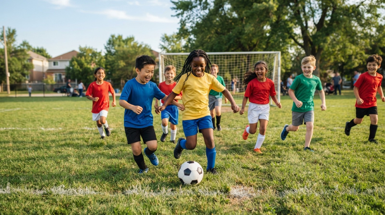 Children smiling and playing a small-sided soccer game on a sunny grass field
