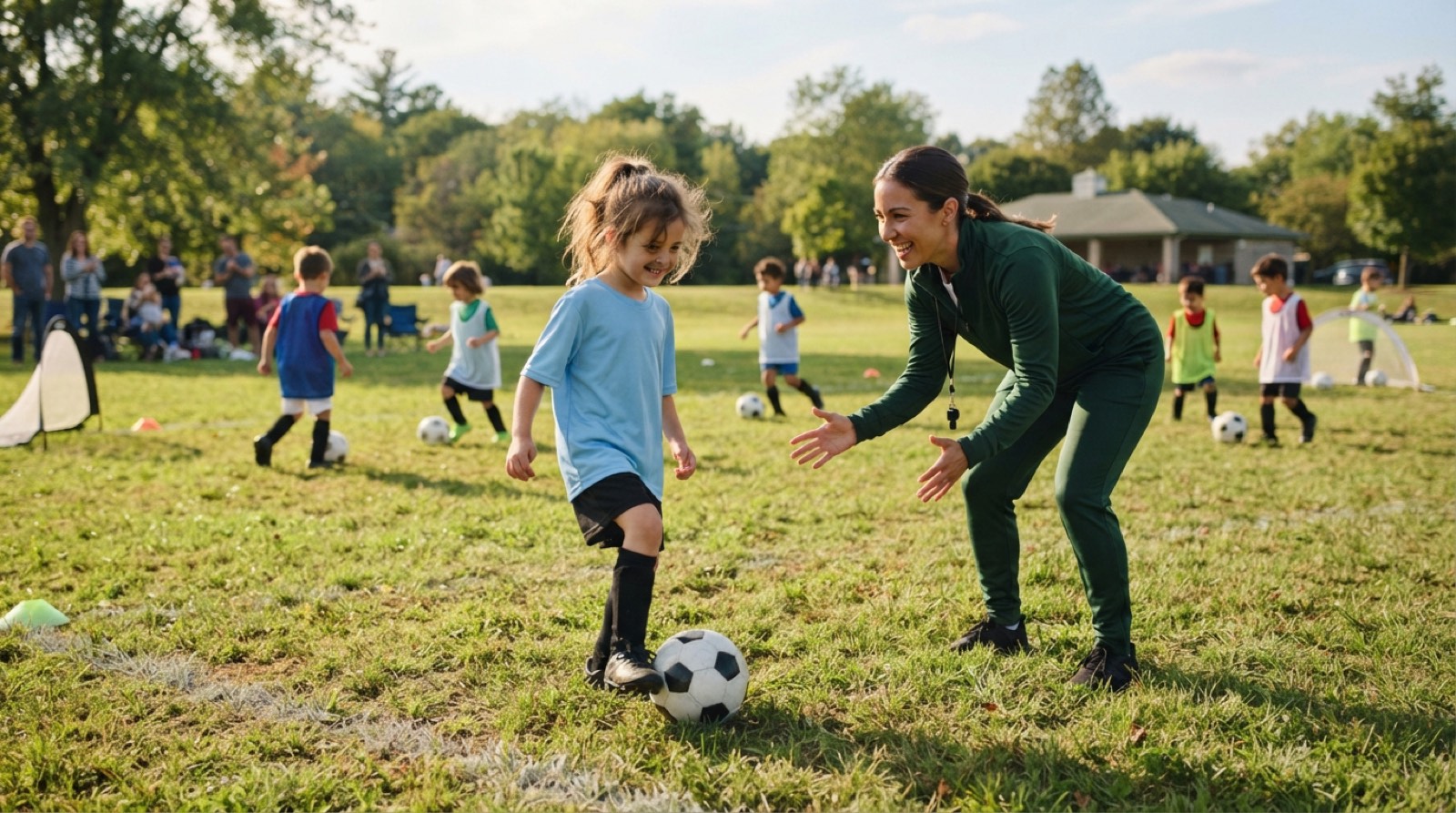 A quiet young soccer player smiling while a coach kneels nearby during practice