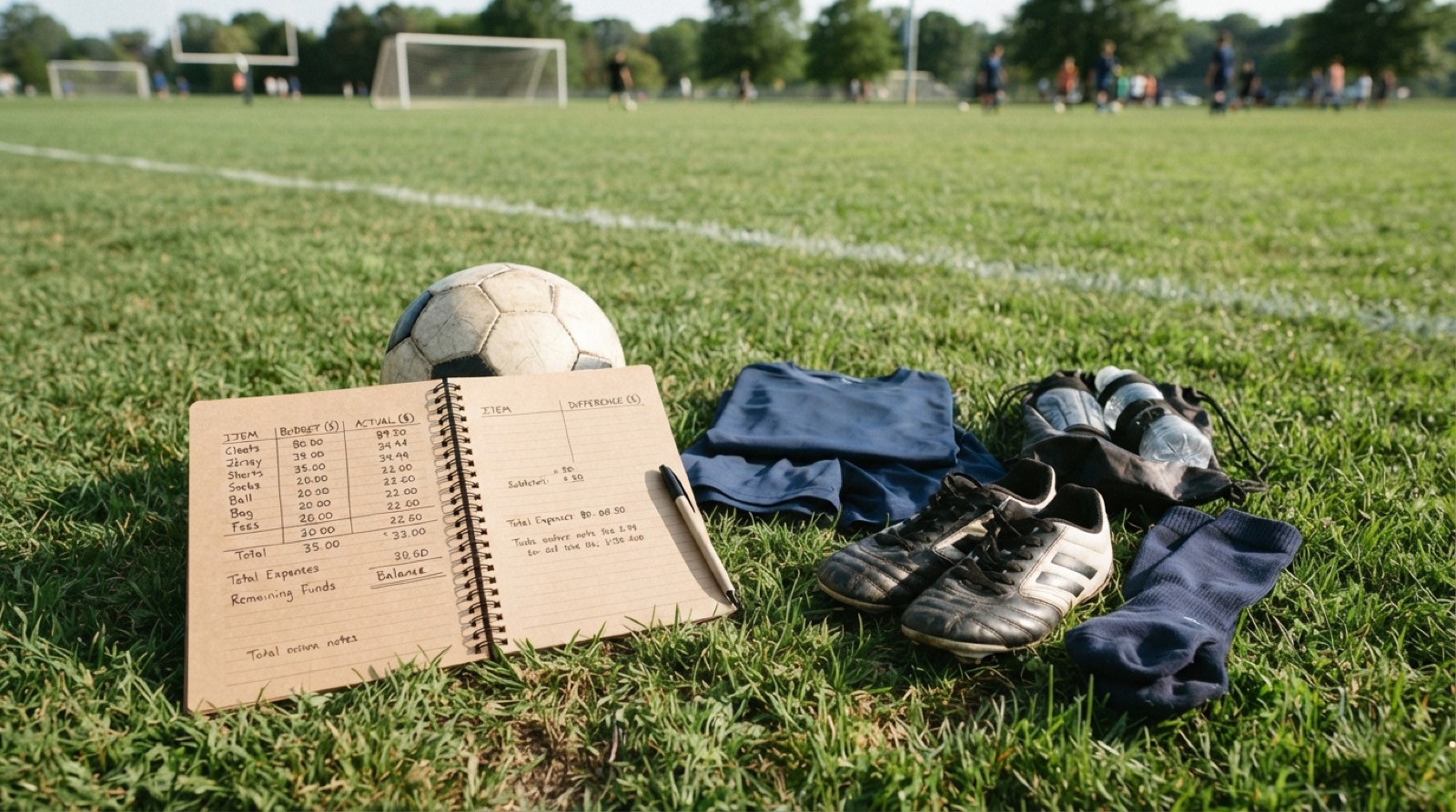Youth soccer cleats, shin guards, and a ball arranged beside a family budget notebook