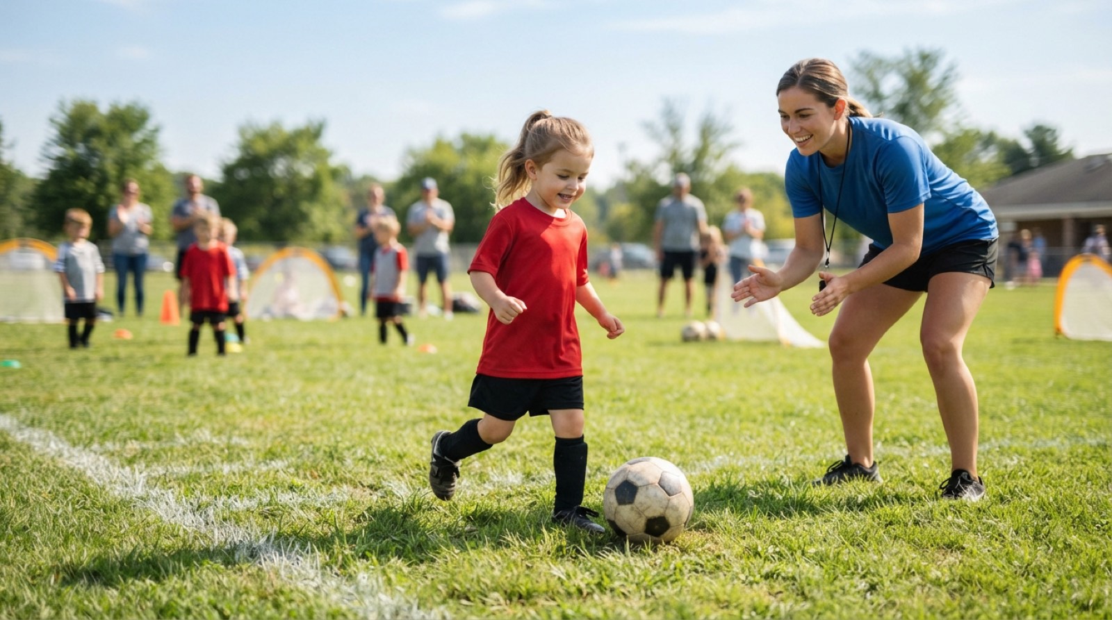 A young child tying soccer cleats beside a ball before practice on a grass field