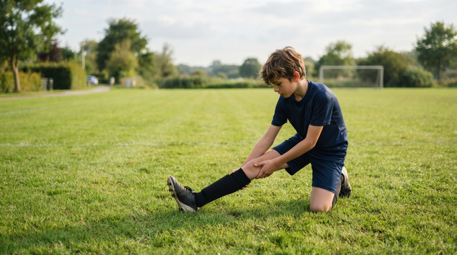 A youth soccer player stretching with a coach nearby on a grass field