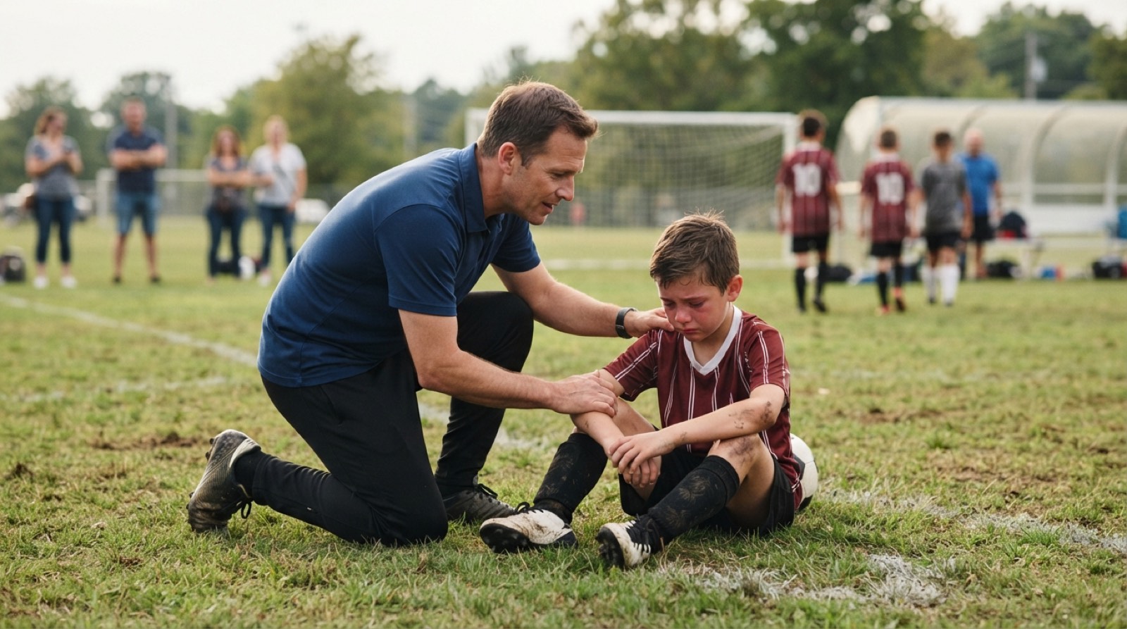 A youth soccer coach kneeling to talk with players after a close game
