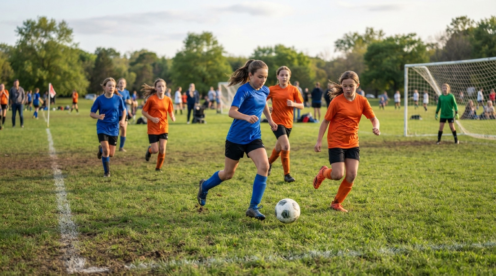 Girls youth soccer players huddling together before a match on a sunny field