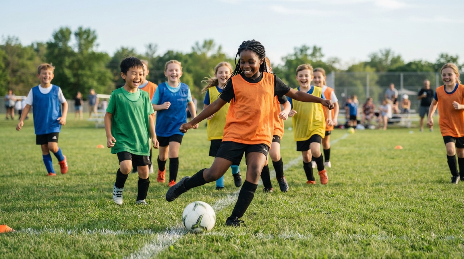 A diverse group of kids around 8 to 10 years old playing soccer on a sunny grass field