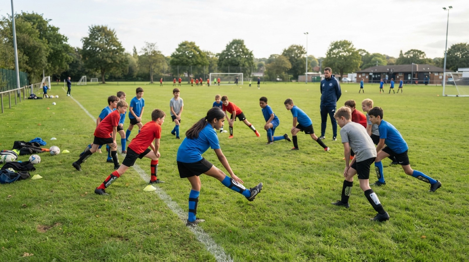 Youth soccer players warming up with a coach on a sunny grass field