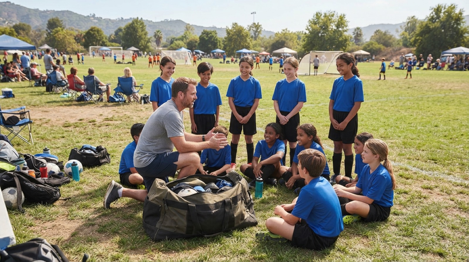 A youth soccer team walking with bags near a tournament field