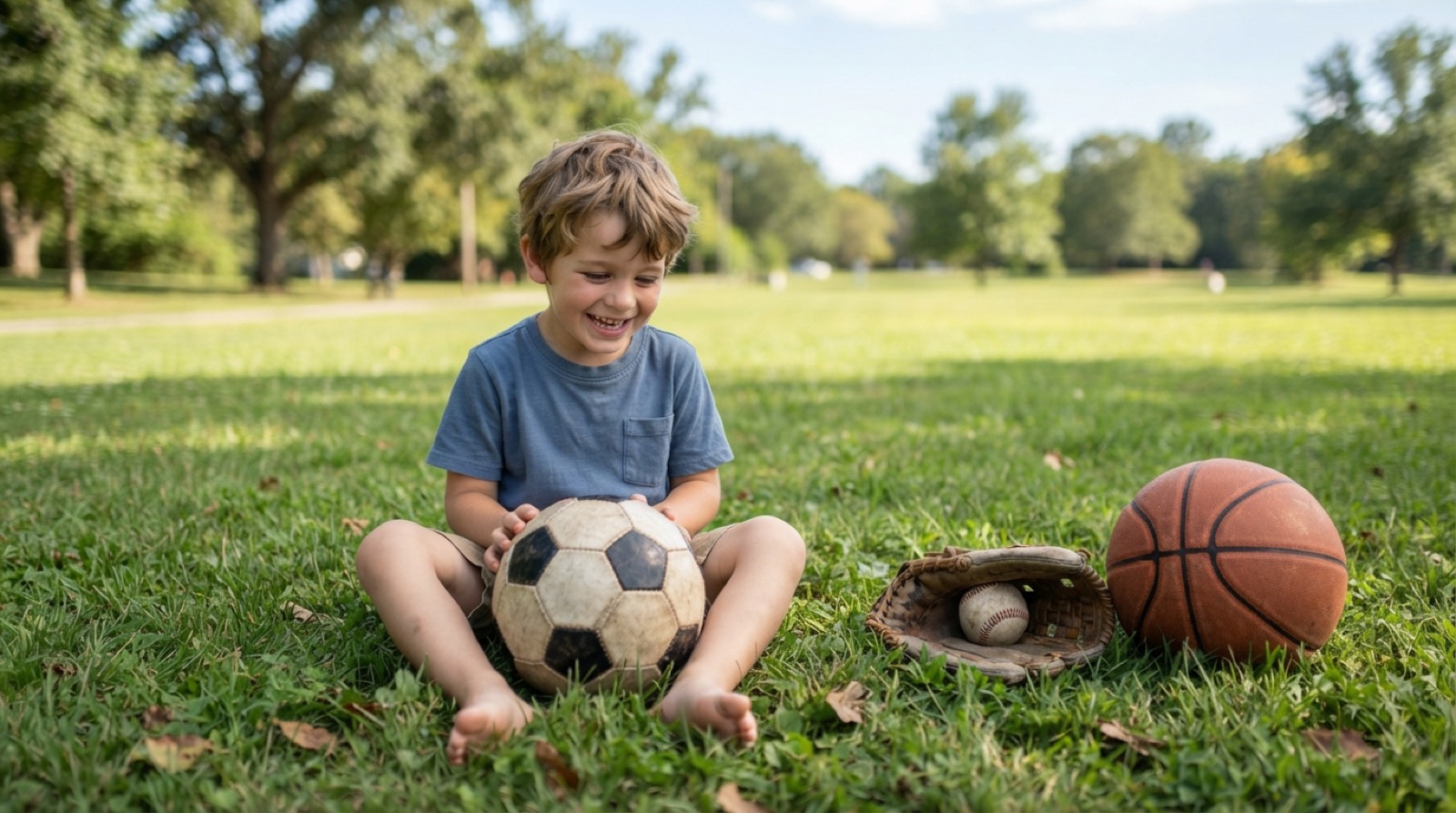 A young athlete carrying a soccer ball and basketball beside a grass field