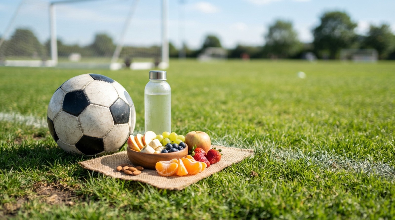 A young soccer player eating a banana and drinking water beside a soccer bag