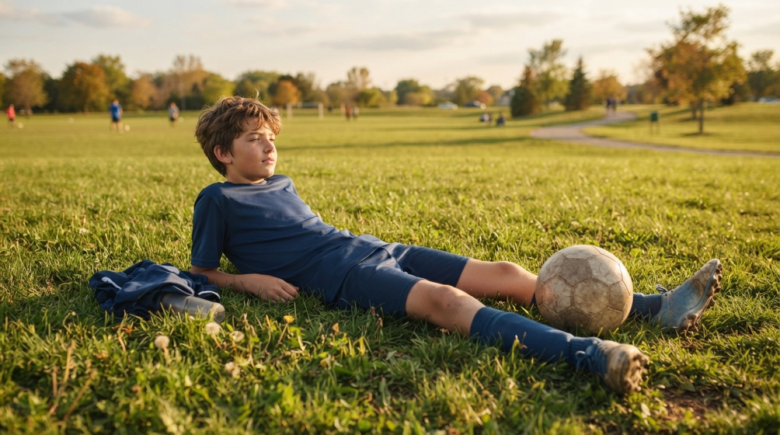 A young soccer player sitting calmly on the sideline while teammates practice nearby