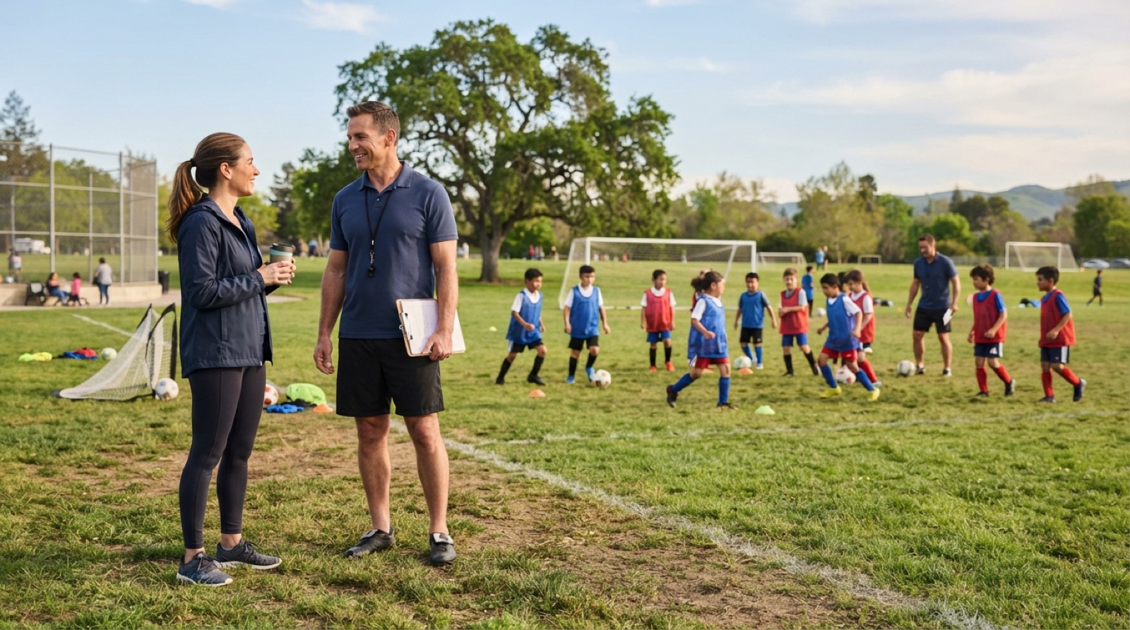 Parents talking with a youth soccer coach beside a practice field