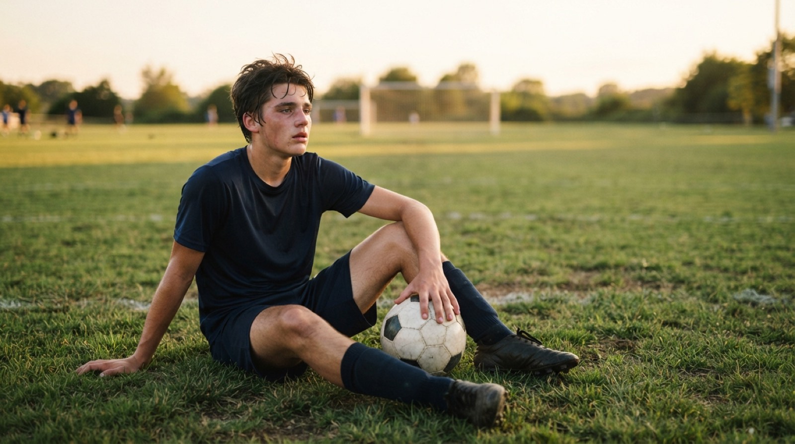 A young soccer player resting on a shaded sideline after practice