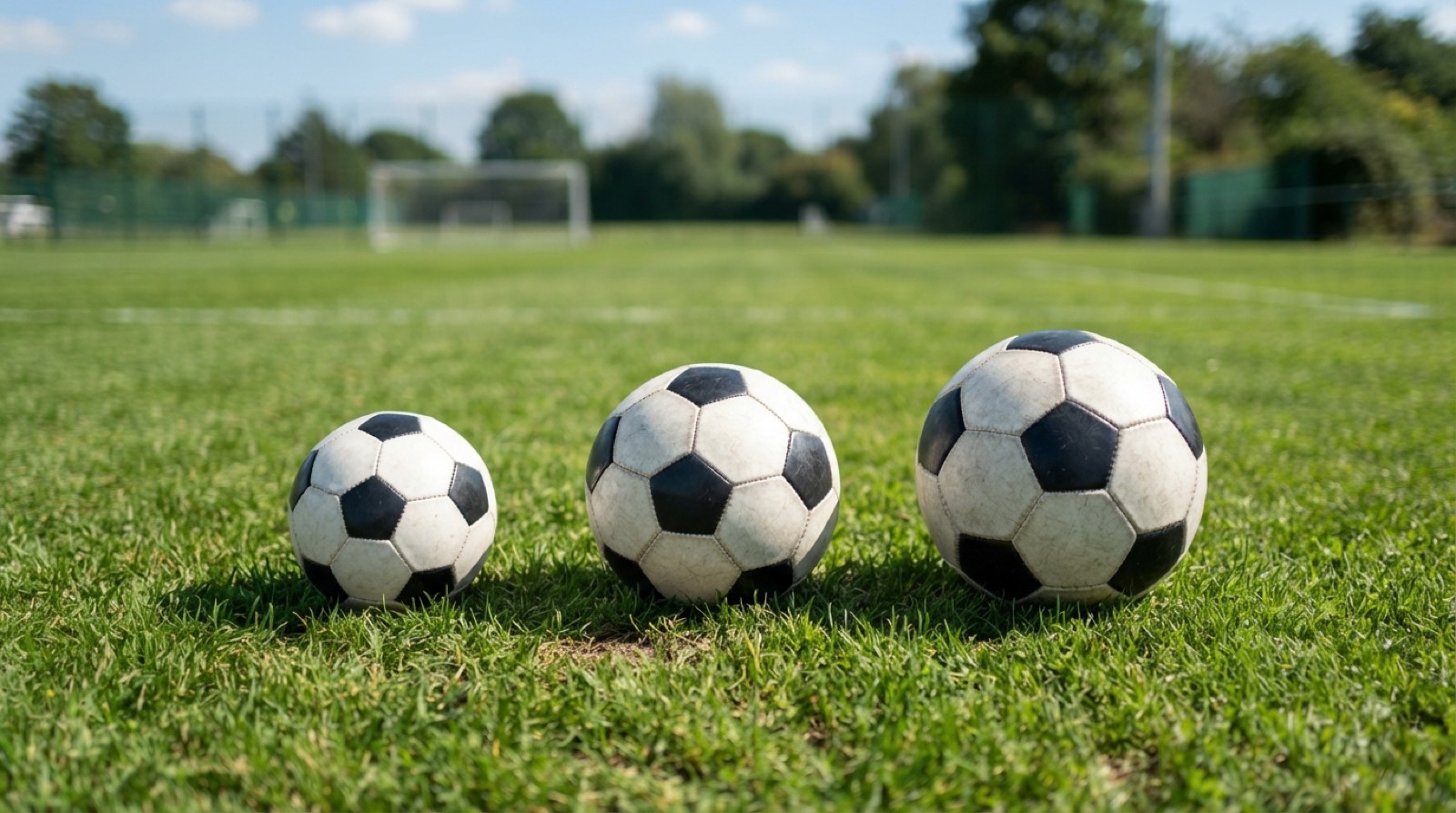 Three youth soccer balls of different sizes lined up on a grass field