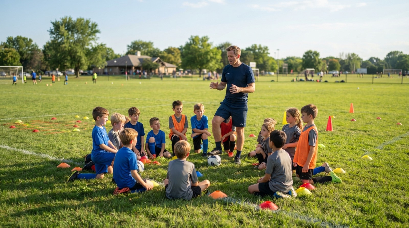 A youth soccer coach teaching players during a small-sided practice