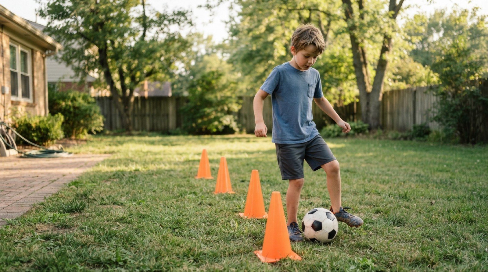 A child practicing soccer touches with cones in a driveway at home