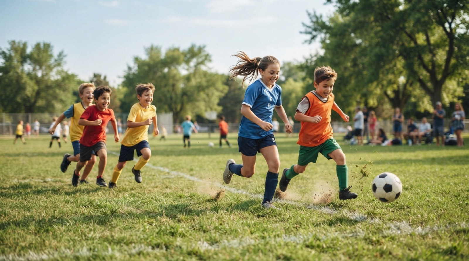 A high-energy child dribbling a soccer ball during an outdoor team practice