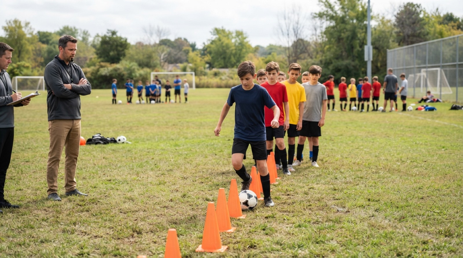 A youth soccer player tying cleats before a tryout on a grass field