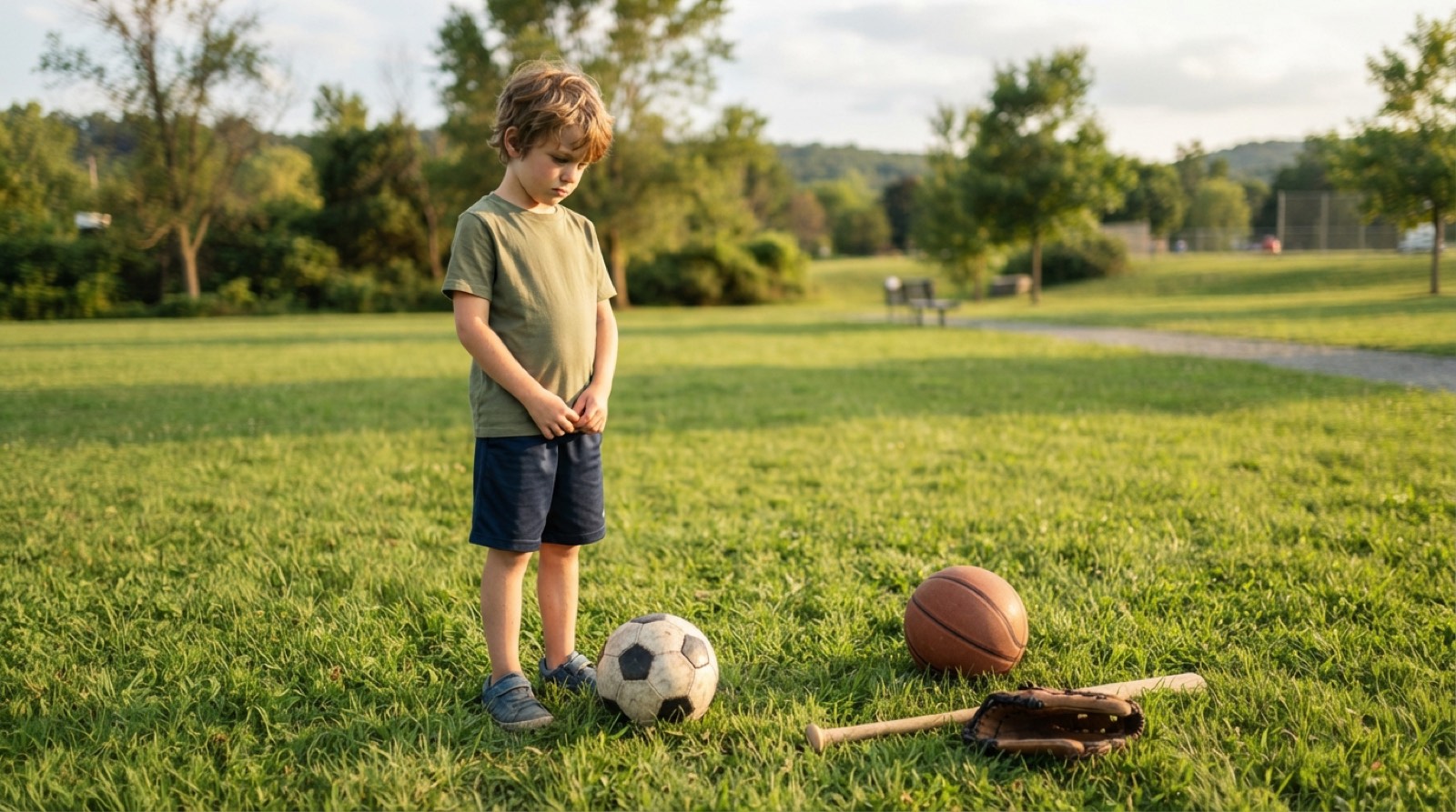 A young child on grass with a soccer ball, a basketball and baseball glove resting nearby