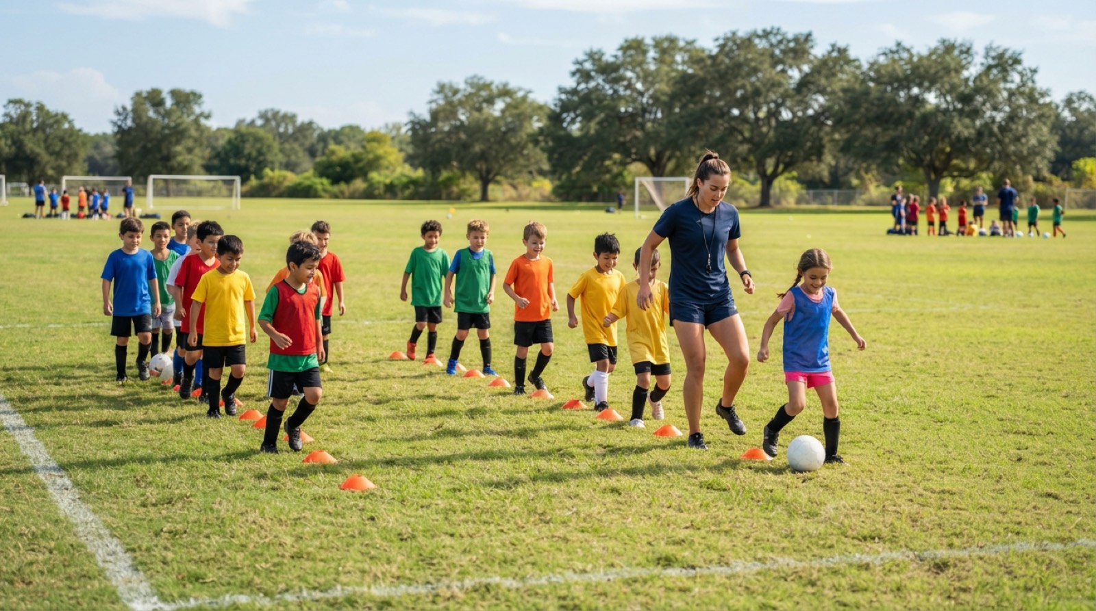 Youth soccer players running through a summer camp drill on a sunny grass field