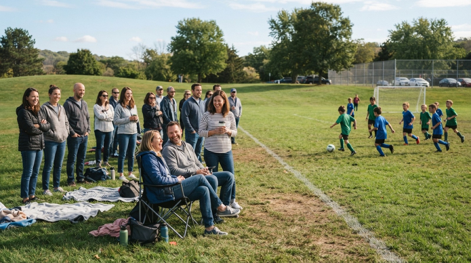 Parents watching youth soccer from folding chairs while players compete on a field