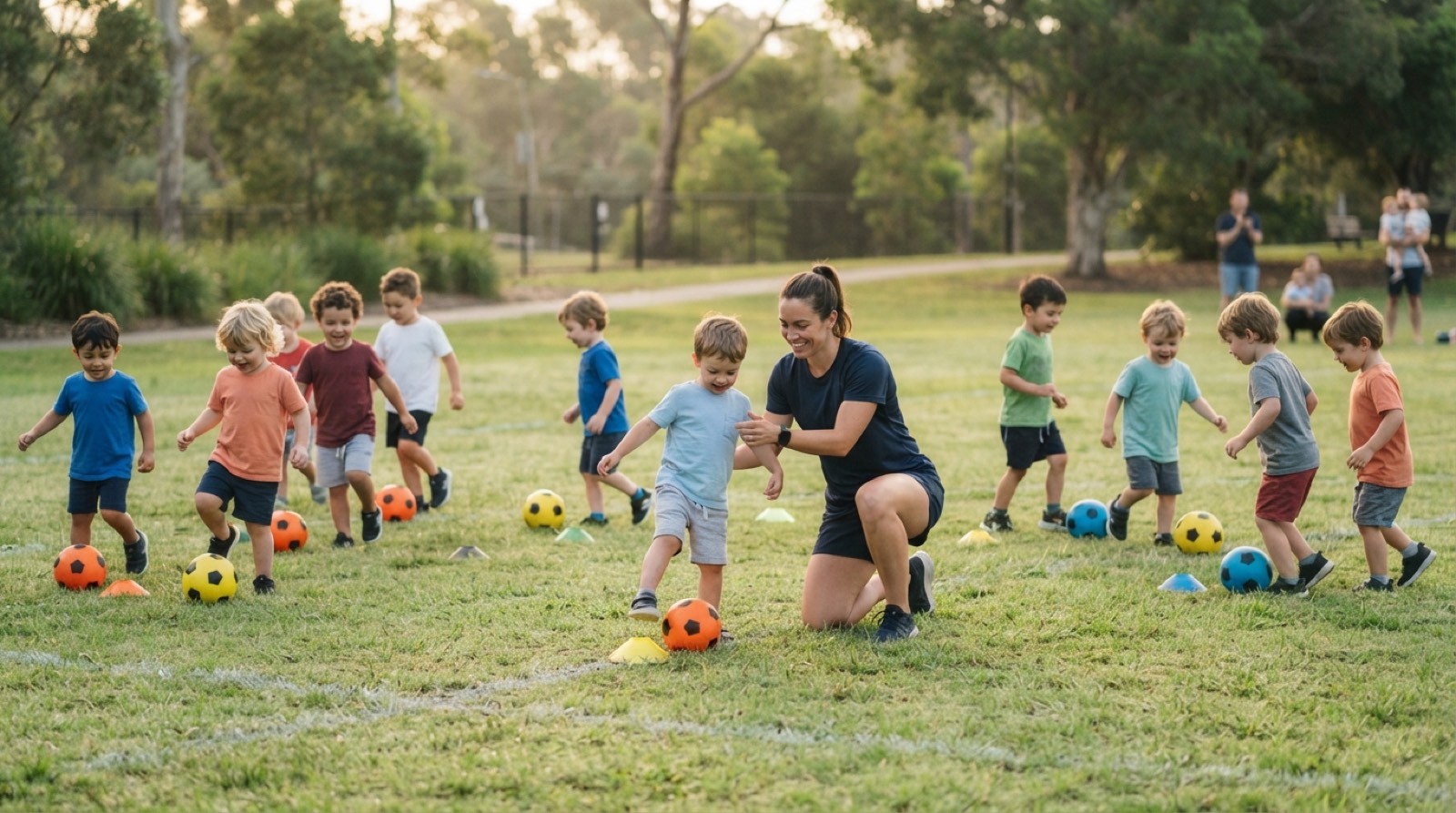 A preschool child dribbling a small soccer ball while a coach kneels nearby