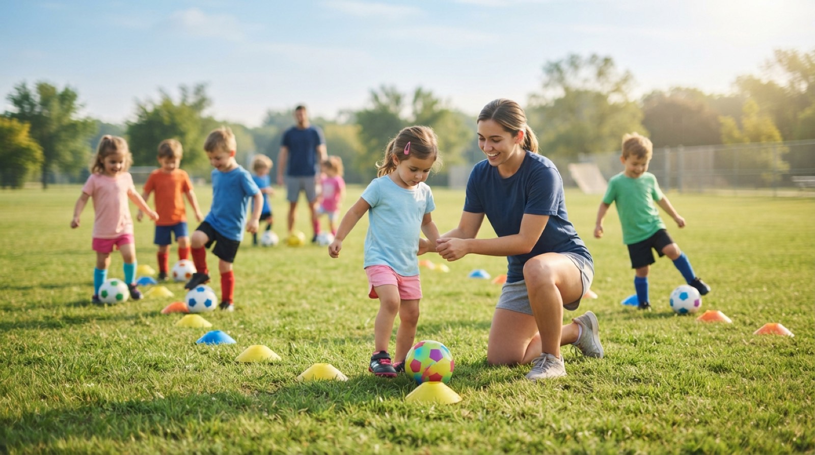 A coach kneeling to help a young child around age 4 or 5 with a small soccer ball at a beginner session