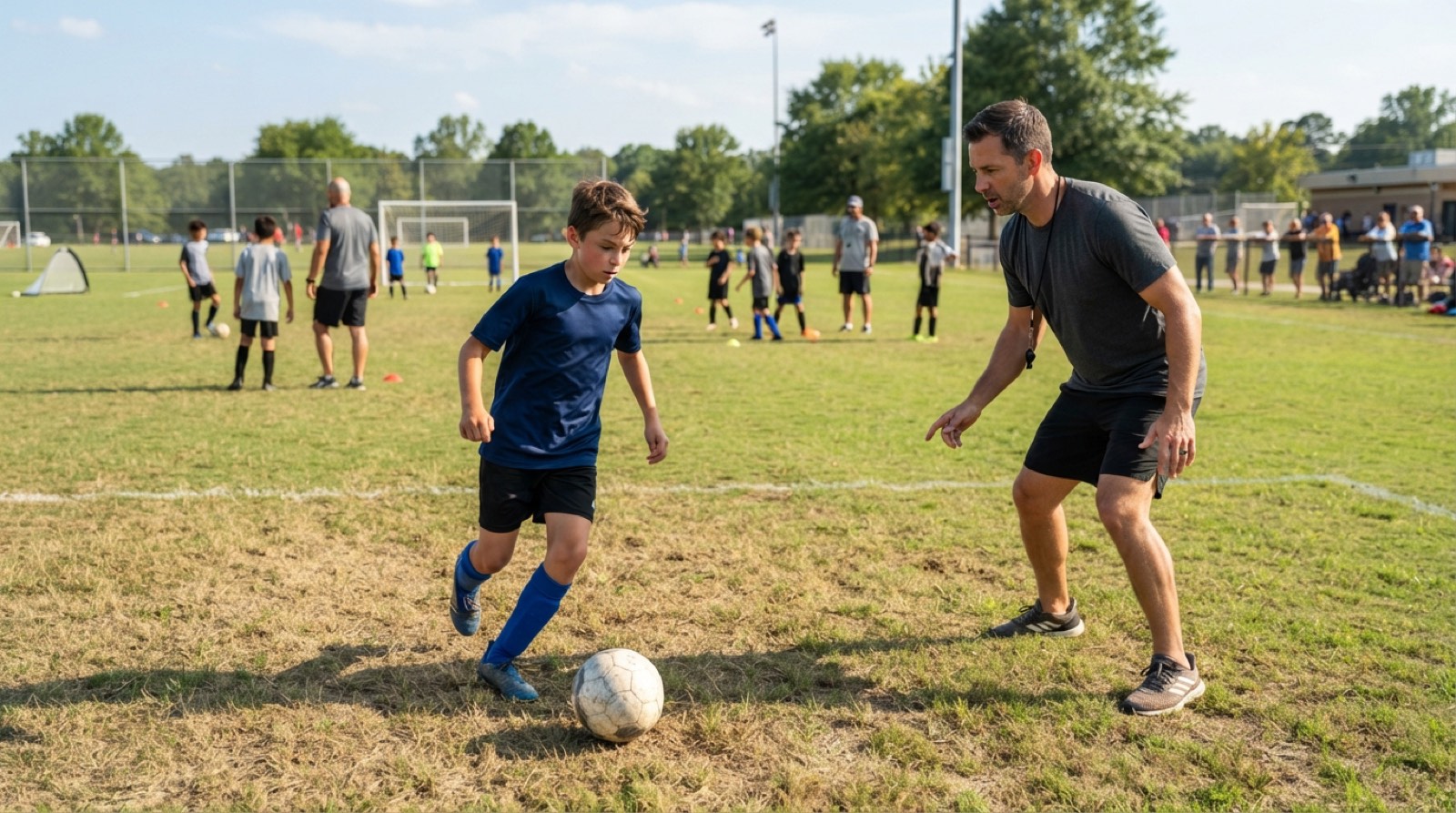 A youth soccer player listening to a coach during a competitive team practice