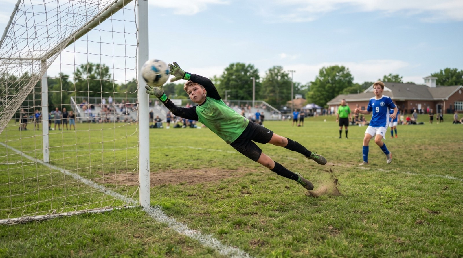 A young soccer goalkeeper catching a ball during a youth training session