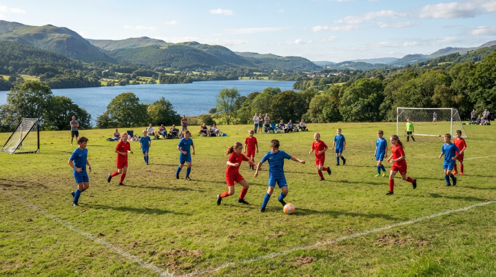 Youth soccer players practicing on a grass field with hills in the distance