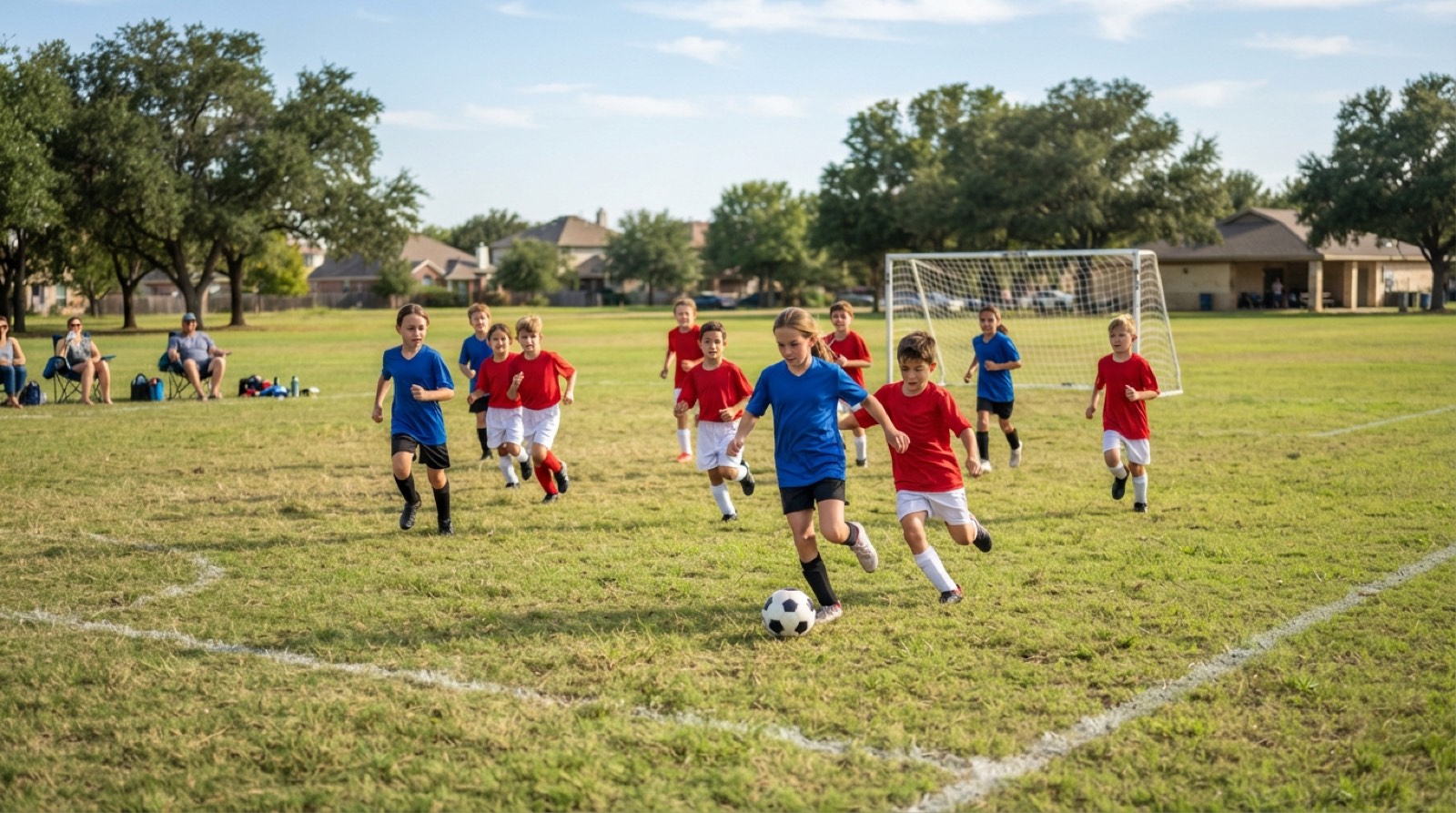 Youth soccer players practicing passing on a green field near Murrieta