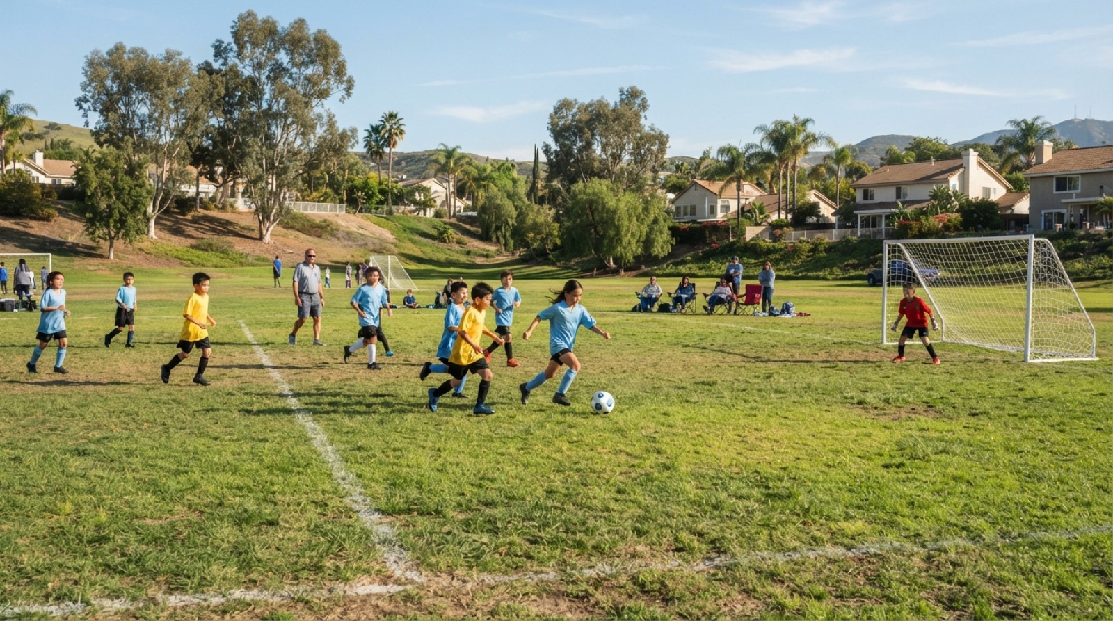 Youth soccer players practicing on a sunny field with Southern California hills in the background