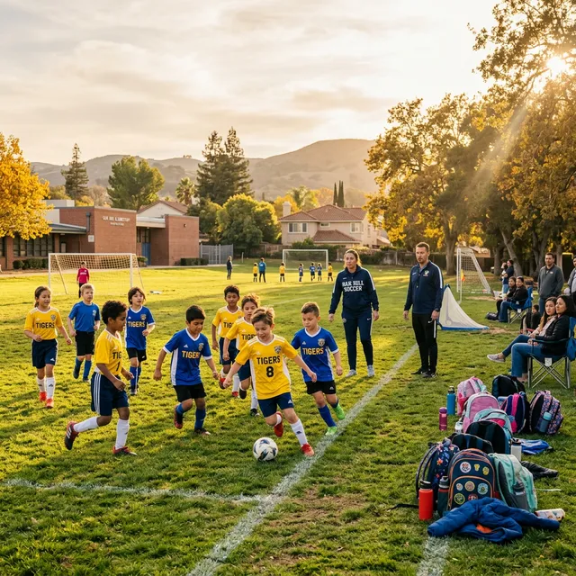 Elementary school children playing supervised soccer after school at a California school field