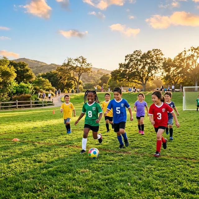 Young children laughing and playing recreational soccer on a sunny field in California