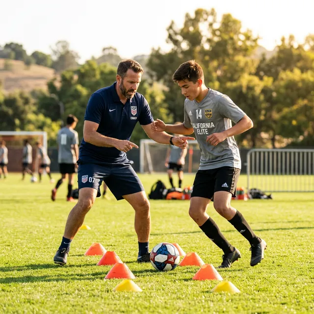 USSF-licensed coach instructing a teenage player during cone drill training session in California