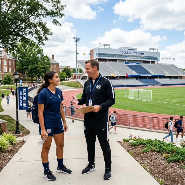 Teenage soccer player speaking with a college coach on a university campus with stadium in background